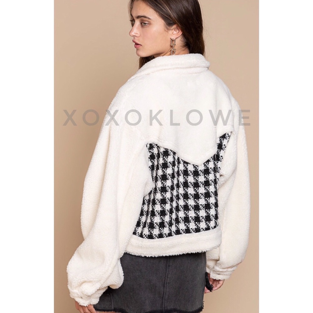 POL Ivory Teddy Coat | Houndstooth Sherpa Jacket Oversized Cropped Fit - Picture 5 of 10